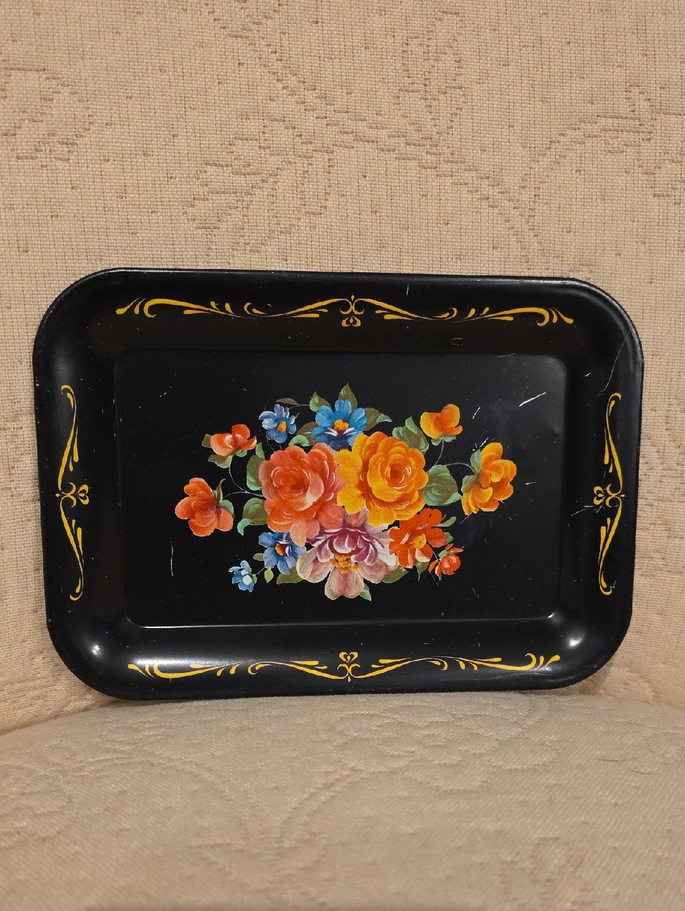 Black Floral Metal Serving Tray with Hand-Painted Bouquet